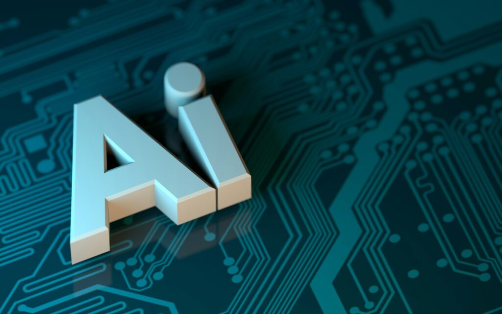 AI Act und KI-Systeme: weißer Schriftzug AI auf einer dunklen Platine