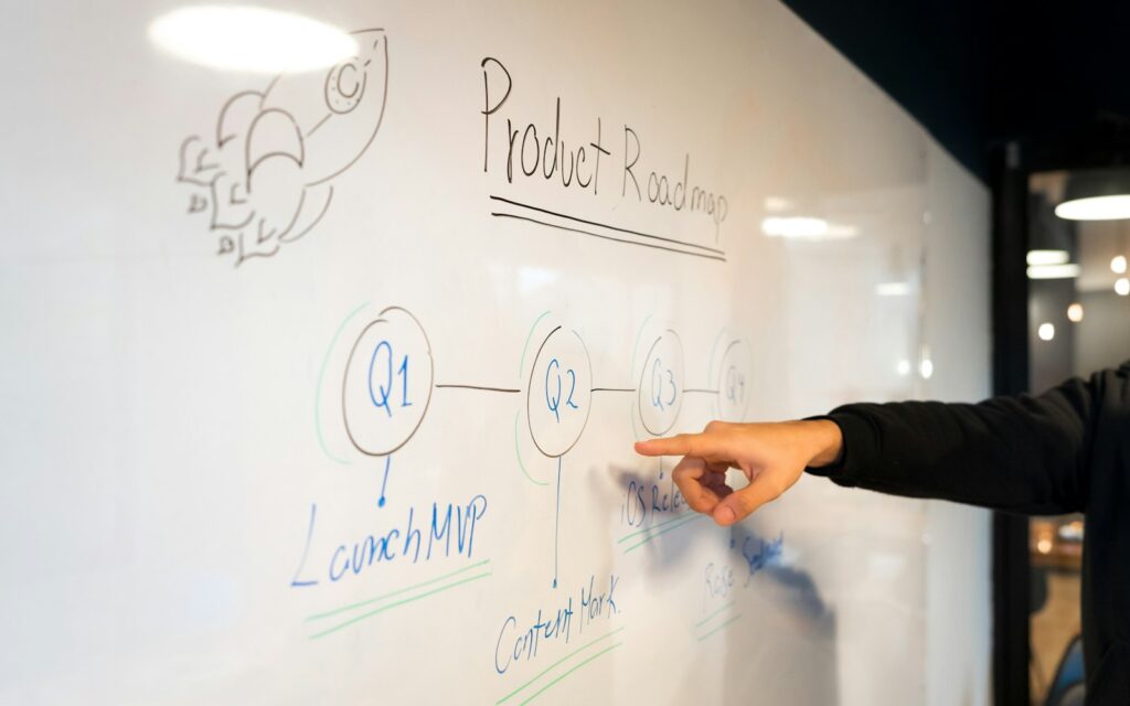Person sammelt Ideen am Whiteboard, um ein Alleinstellungsmerkmal zu finden