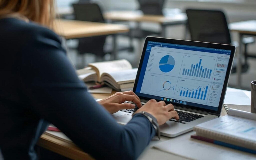 Frau prüft am Laptop Diagramme zu KPIs für kleine Unternehmen
