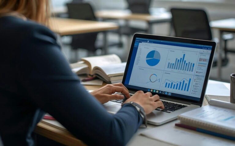 Frau prüft am Laptop Diagramme zu KPIs für kleine Unternehmen
